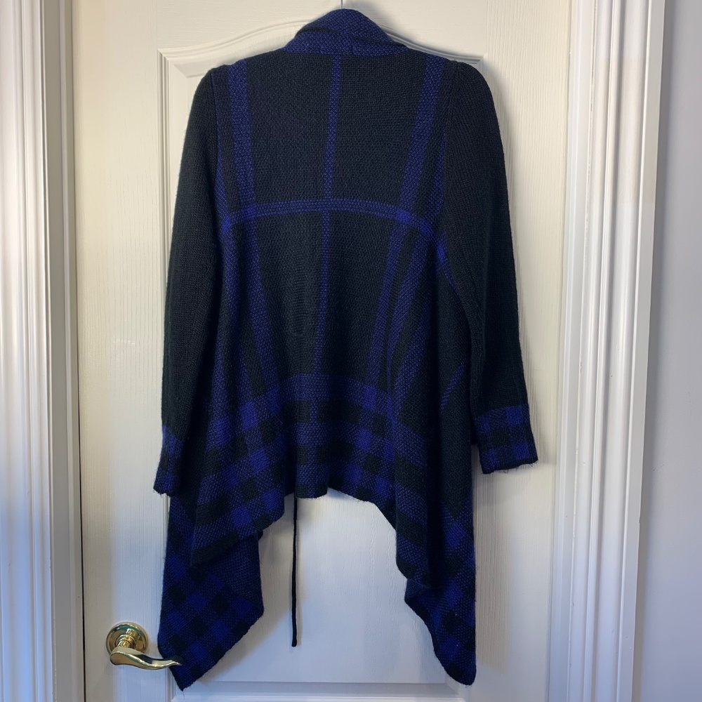 Dex Blue & Black Asymmetrical Button Cardigan – Artsy Boho Cozy Winter Knit L - Picture 2 of 13